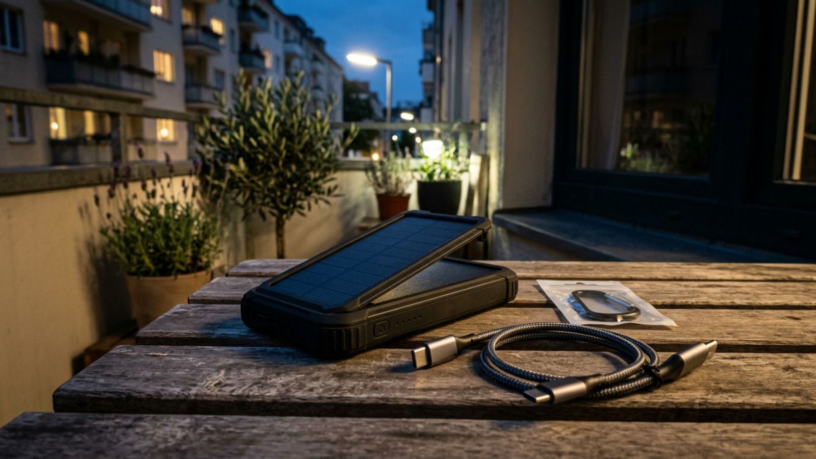 Batería solar externa con panel desplegable, cable USB-C y mosquetón sobre una mesa de madera en una terraza al anochecer.