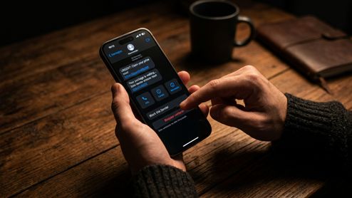 Manos sujetando un iPhone en modo oscuro con la opción de bloquear remitente seleccionada en la aplicación Mensajes.