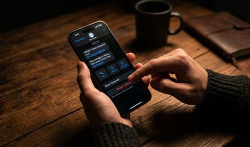 Manos sujetando un iPhone en modo oscuro con la opción de bloquear remitente seleccionada en la aplicación Mensajes.