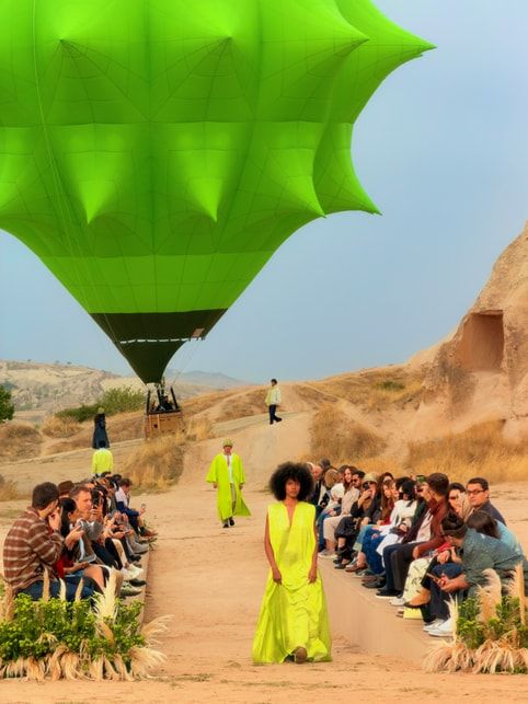 Modelo desfilando con un vestido largo de color verde lima en un camino de tierra ante el público, con un globo aerostático verde de formas geométricas sobrevolando el paisaje rocoso de Capadocia.