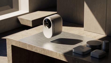 Concepto de cámara de seguridad inteligente en un entorno minimalista con otros accesorios de domótica.