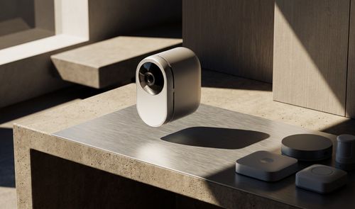 Concepto de cámara de seguridad inteligente en un entorno minimalista con otros accesorios de domótica.