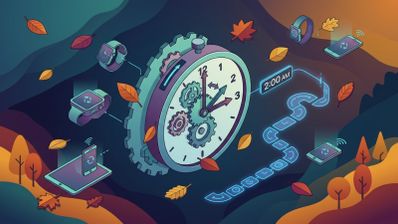 Ilustración isométrica de un reloj central con engranajes rodeado de teléfonos inteligentes, tabletas y relojes digitales entre hojas de otoño.
