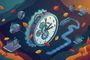 Ilustración isométrica de un reloj central con engranajes rodeado de teléfonos inteligentes, tabletas y relojes digitales entre hojas de otoño.