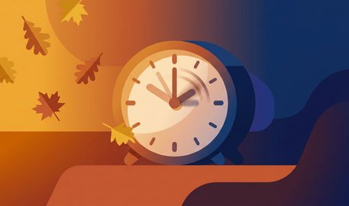Ilustración de un reloj de mesa con hojas de otoño cayendo sobre un fondo que transiciona de tonos cálidos a azules oscuros.
