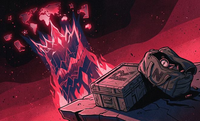 Ilustración en tonos rojos y negros que muestra una corona de llamas surgiendo junto a una caja con el logo de Reacher y una bolsa con el logo de Neagley bajo un mapa mundial.