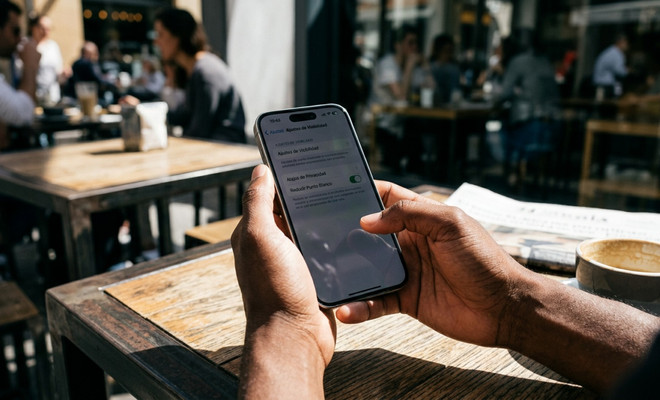 Manos de una persona sosteniendo un iPhone con el menú de ajustes de accesibilidad abierto en la terraza de una cafetería.