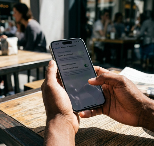 Manos de una persona sosteniendo un iPhone con el menú de ajustes de accesibilidad abierto en la terraza de una cafetería.