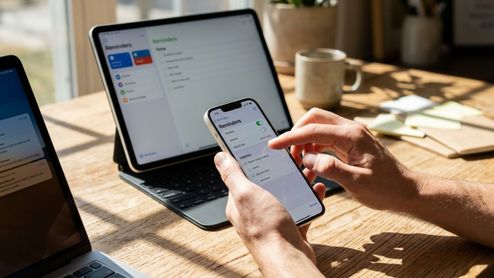 Persona manejando los ajustes de la aplicación Recordatorios en un iPhone junto a un iPad y un ordenador portátil sobre una mesa de madera.