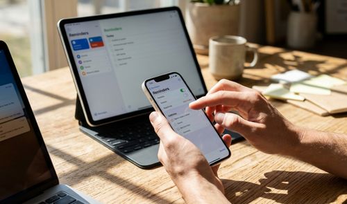 Persona manejando los ajustes de la aplicación Recordatorios en un iPhone junto a un iPad y un ordenador portátil sobre una mesa de madera.