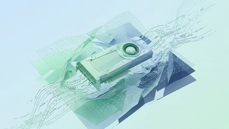 Ilustración conceptual de una tarjeta gráfica Nvidia rodeada de líneas de código y redes geométricas sobre un fondo degradado en tonos verdes y azules.