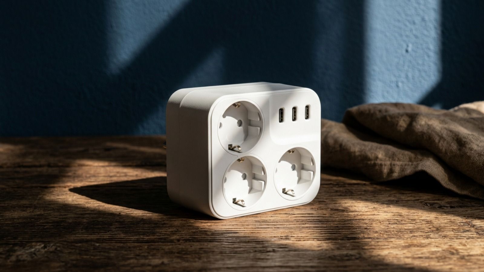 Adaptador de enchufe blanco con tres tomas de corriente y tres puertos USB sobre una mesa de madera.