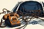 Ilustración de un teléfono antiguo con el número 400 atrapado en una red de cables y anzuelos frente a una ciudad oscura.