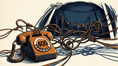 Ilustración de un teléfono antiguo con el número 400 atrapado en una red de cables y anzuelos frente a una ciudad oscura.