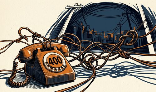 Ilustración de un teléfono antiguo con el número 400 atrapado en una red de cables y anzuelos frente a una ciudad oscura.