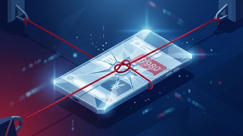 Ilustración conceptual de un teléfono inteligente atrapado por cuerdas rojas con un mensaje de solicitud de 980 euros en pantalla.