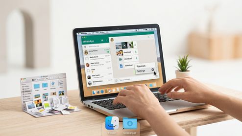 Persona utilizando la aplicación de escritorio de WhatsApp en un ordenador Mac para gestionar la descarga de archivos.