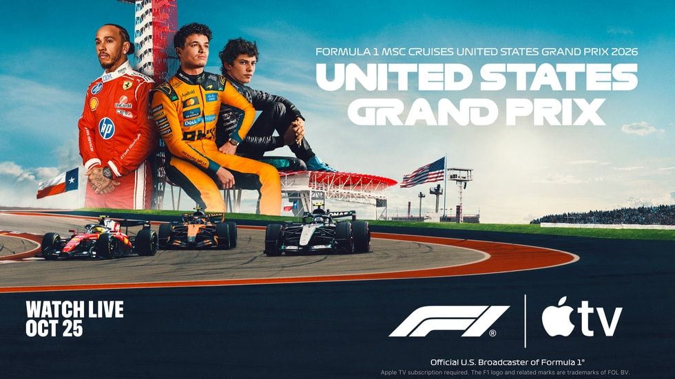 Cartel promocional del Gran Premio de Estados Unidos 2026 de Fórmula 1 con pilotos y monoplazas en el Circuito de las Américas.