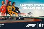 Cartel promocional del Gran Premio de Estados Unidos 2026 de Fórmula 1 en Apple TV con Lewis Hamilton, Lando Norris y George Russell sobre el circuito de Austin.