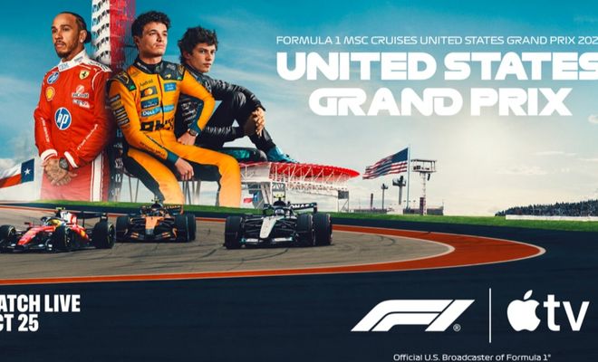 Cartel promocional del Gran Premio de Estados Unidos 2026 de Fórmula 1 en Apple TV con Lewis Hamilton, Lando Norris y George Russell sobre el circuito de Austin.