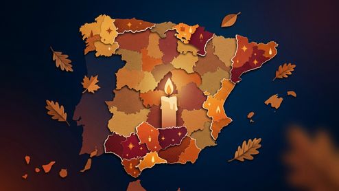 Ilustración del mapa de España con motivos otoñales y una vela encendida en el centro sobre un fondo oscuro.