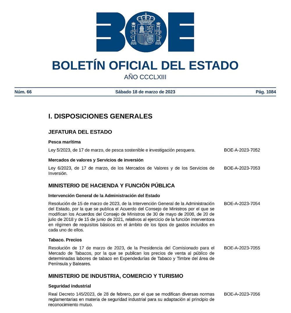 Portada del Boletín Oficial del Estado (BOE) del 18 de marzo de 2023