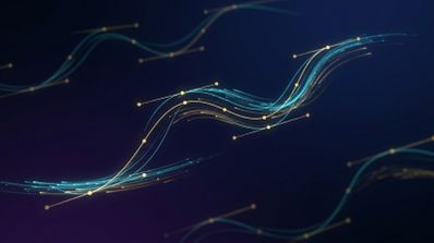Gráfico abstracto de líneas onduladas con puntos de anclaje que simulan trayectorias de animación digital sobre un fondo oscuro.