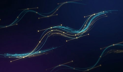Gráfico abstracto de líneas onduladas con puntos de anclaje que simulan trayectorias de animación digital sobre un fondo oscuro.