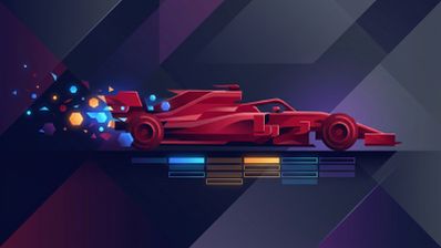 Ilustración digital de un monoplaza de Fórmula 1 en color rojo con efectos geométricos y estela de partículas sobre un fondo abstracto oscuro.