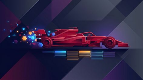Ilustración digital de un monoplaza de Fórmula 1 en color rojo con efectos geométricos y estela de partículas sobre un fondo abstracto oscuro.