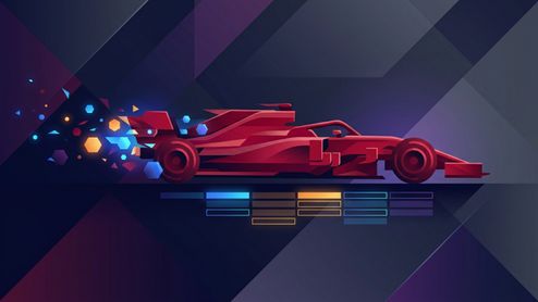 Ilustración digital de un monoplaza de Fórmula 1 en color rojo con efectos geométricos y estela de partículas sobre un fondo abstracto oscuro.