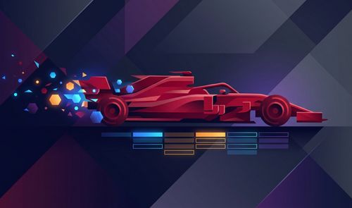 Ilustración digital de un monoplaza de Fórmula 1 en color rojo con efectos geométricos y estela de partículas sobre un fondo abstracto oscuro.