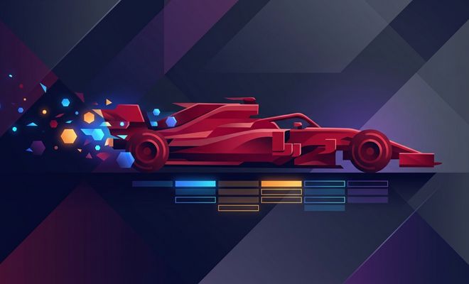 Ilustración digital de un monoplaza de Fórmula 1 en color rojo con efectos geométricos y estela de partículas sobre un fondo abstracto oscuro.