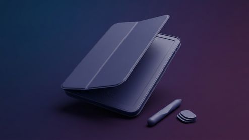Funda Smart Folio de color azul oscuro para tableta con el código A3632 grabado en el interior, acompañada de un lápiz óptico.