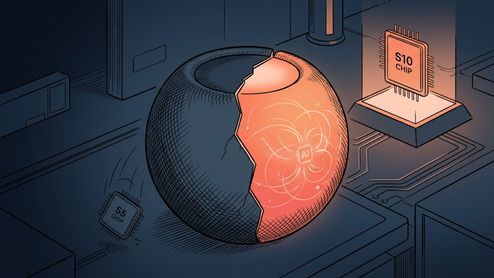 Ilustración conceptual de un HomePod mini dividido en dos partes que muestra un núcleo iluminado con el símbolo AI, junto a la comparativa entre los procesadores S5 y S10.
