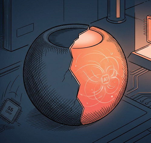 Ilustración conceptual de un HomePod mini dividido en dos partes que muestra un núcleo iluminado con el símbolo AI, junto a la comparativa entre los procesadores S5 y S10.