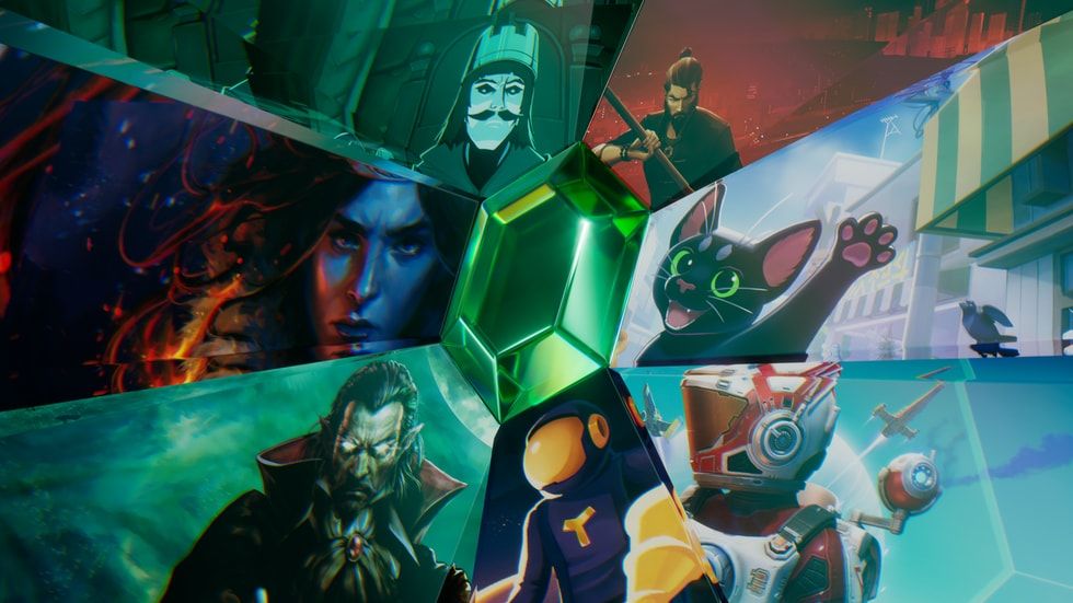 Mosaico de ilustraciones de diferentes videojuegos independientes dispuestos alrededor de una gema verde central.