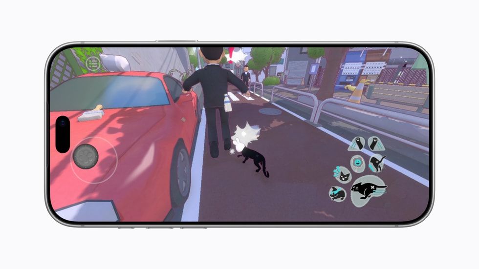 Un iPhone en posición horizontal muestra la jugabilidad de un videojuego donde un gato negro interactúa con un personaje en una calle urbana.