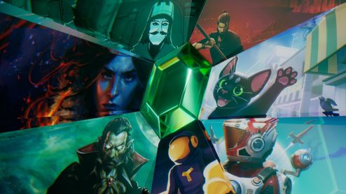 Composición artística con diversos personajes de videojuegos independientes en paneles geométricos alrededor de una gema verde central.