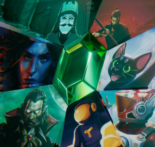 Composición artística con diversos personajes de videojuegos independientes en paneles geométricos alrededor de una gema verde central.