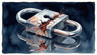 Ilustración de un candado metálico agrietado del que brotan filamentos rojos sobre un fondo oscuro.