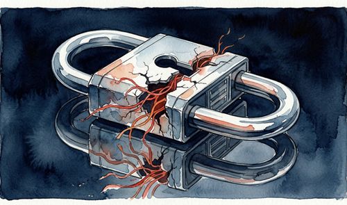 Ilustración de un candado metálico agrietado del que brotan filamentos rojos sobre un fondo oscuro.