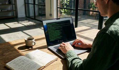 Persona utilizando la aplicación Terminal en un ordenador portátil Mac para ejecutar líneas de código en un entorno de oficina iluminado.
