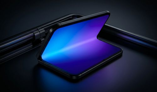 Primer plano de un iPhone Duo parcialmente plegado con la pantalla encendida en tonos azules y púrpuras sobre un fondo oscuro.
