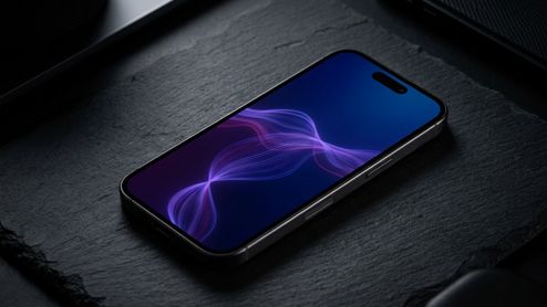 Teléfono inteligente con pantalla encendida mostrando ondas de colores sobre una superficie de piedra oscura.