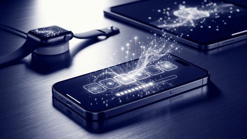 Representación conceptual de una actualización de software en un iPhone, acompañada de un Apple Watch y un iPad sobre una mesa.