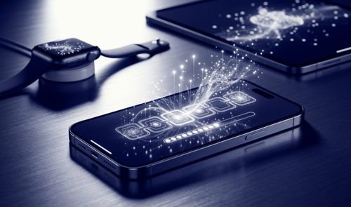 Representación conceptual de una actualización de software en un iPhone, acompañada de un Apple Watch y un iPad sobre una mesa.