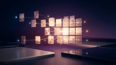 Representación abstracta de fotografías digitales flotando y conectándose entre sí sobre dispositivos electrónicos en un entorno oscuro con tonos violáceos.