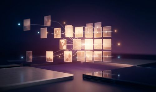 Representación abstracta de fotografías digitales flotando y conectándose entre sí sobre dispositivos electrónicos en un entorno oscuro con tonos violáceos.