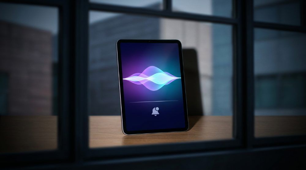 Tableta sobre una mesa de madera mostrando en pantalla ondas de color violeta y cian junto a un icono de campana de notificaciones.